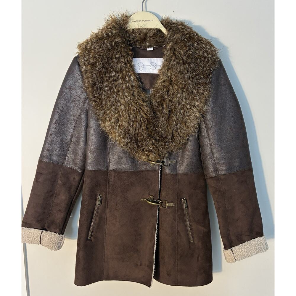 Jessica Simpson Brown Faux Fur Trim Leather-Style Coat